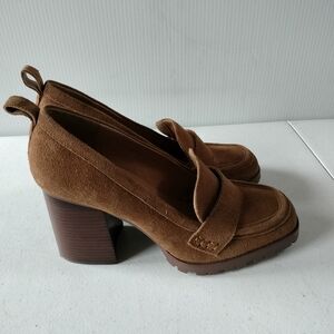 Crown Vintage Alivia Brown Suede Heeled Loafers Chunky Block Heel 9 Office